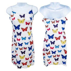 Rainbow Butterfly Print Ruffle Hem Ribbed Bodycon Mini Tank Dress Y2K 2000s 90s